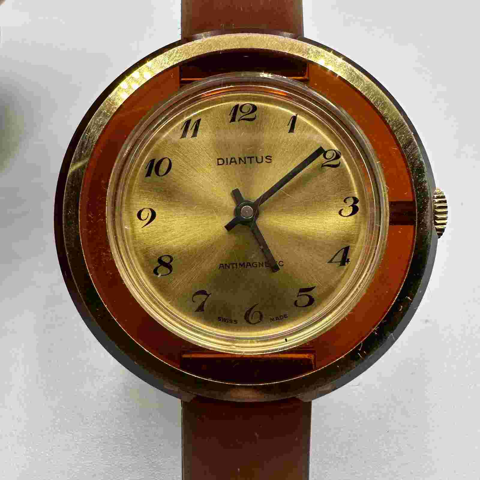 Vintage Diantus Watch Women Gold Tone Brown Round Dial 41MM Manual Wind 8.5"