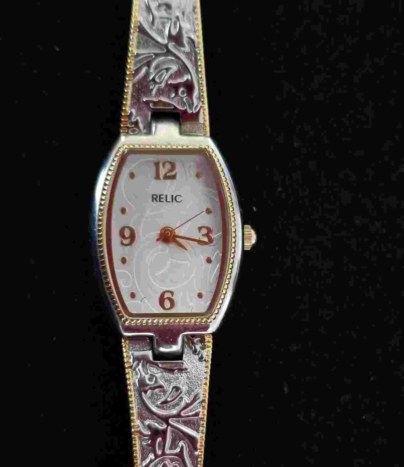 Relic by Fossil Two Tone Embossed Cuff Watch ZR33535 6.25" Max Size New Battery