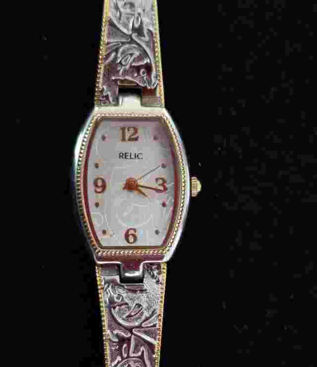 Relic by Fossil Two Tone Embossed Cuff Watch ZR33535 6.25" Max Size New Battery