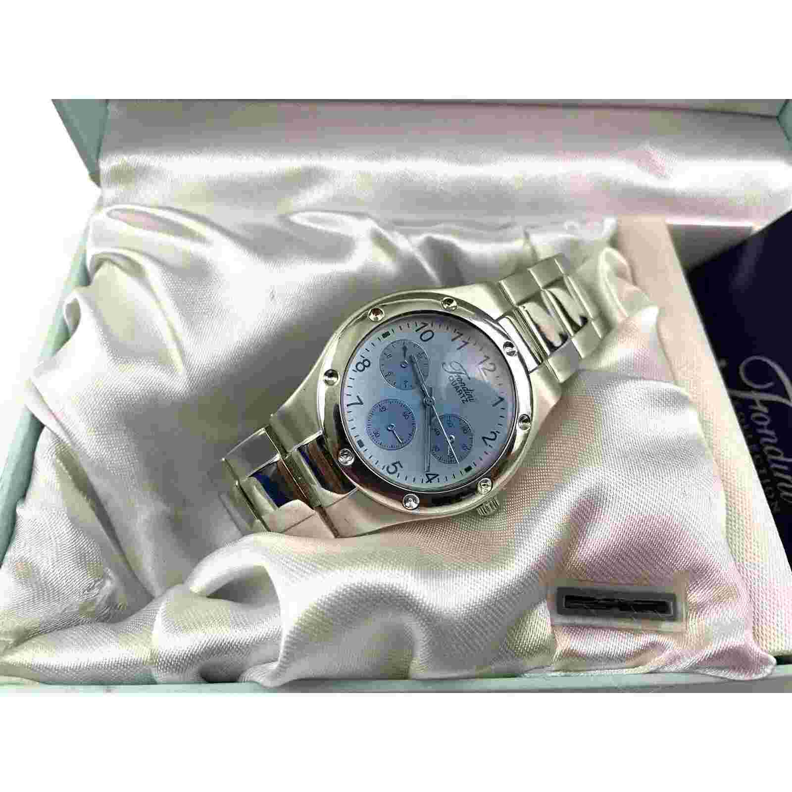 Fondini Watch Silver Blue Face Quartz Womens Original Box Swiss Driven Movement