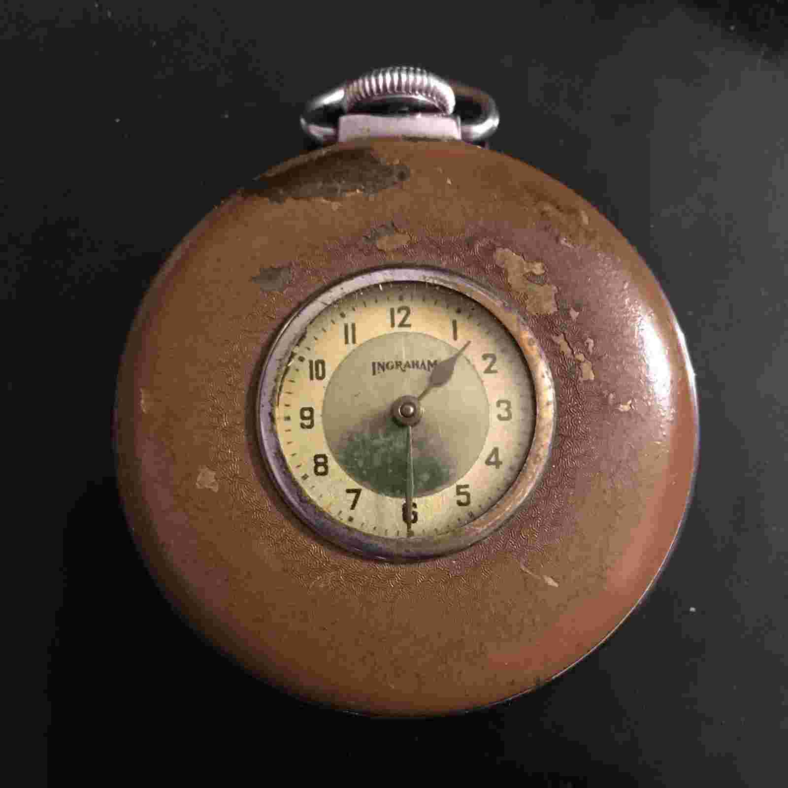 Antique Ingraham Pocket Watch ‘The E’ - Tan Brown Enamel Open Face