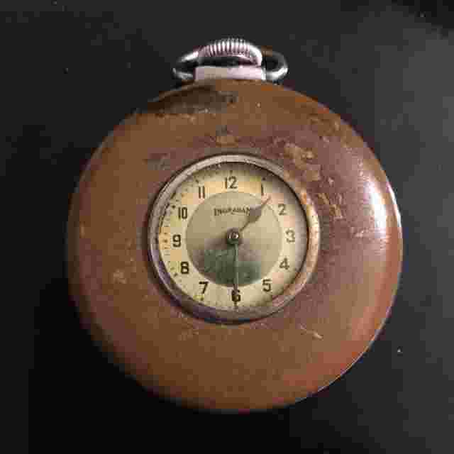 Antique Ingraham Pocket Watch ‘The E’ - Tan Brown Enamel Open Face