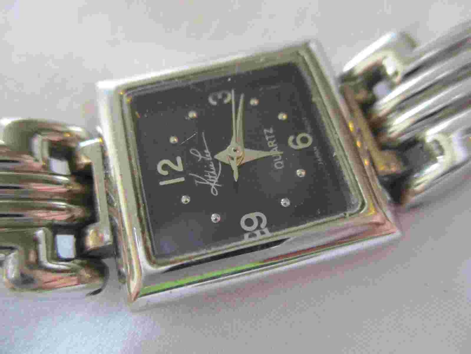 Kathie Lee Wristwatch Silver Toned Band Square Shaped Black Face
