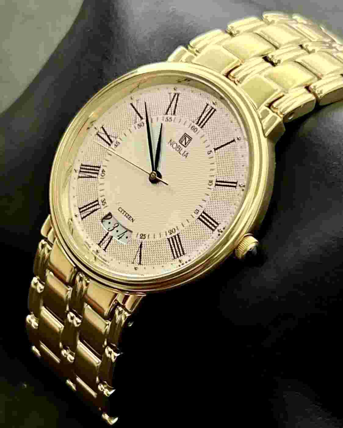 Vintage New 1988 CITIZEN NOBLIA Mens 34mm Quartz Watch Date Gold Case Cream Dial