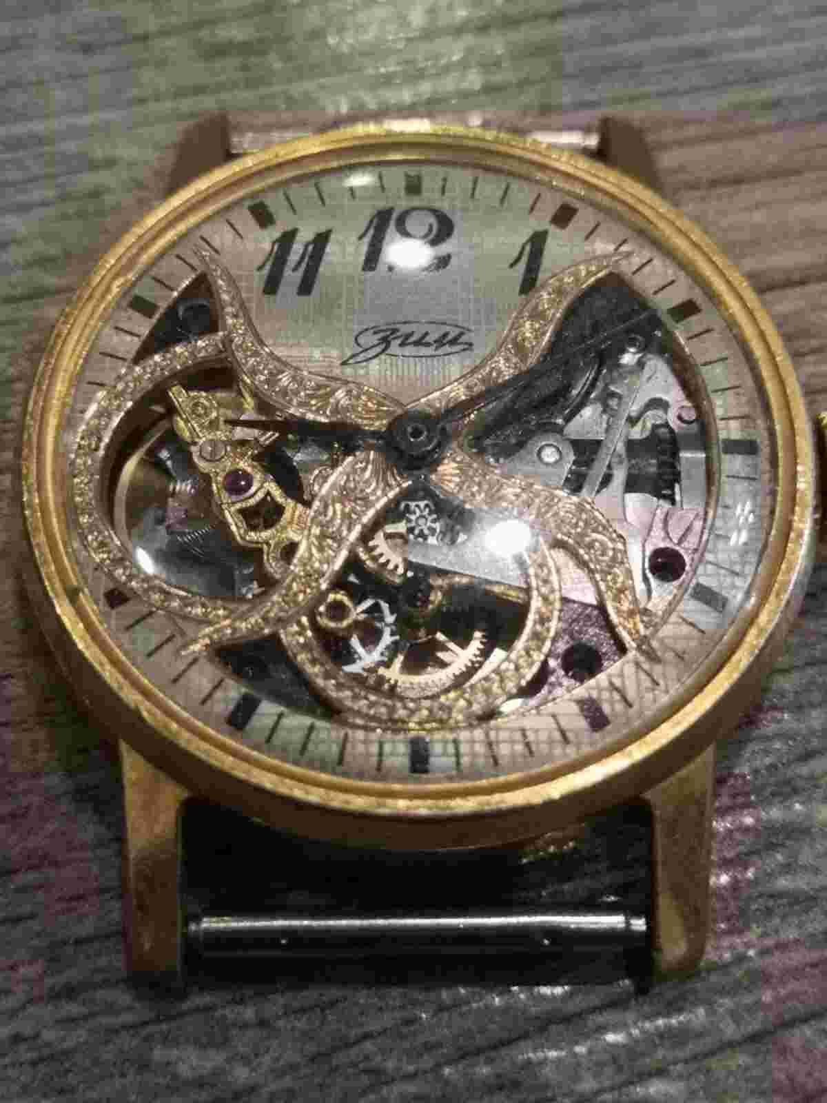 Handmade USSR watch skeleton "ZIM" 1980s men's, women's, vintage, GOLD-PLATED