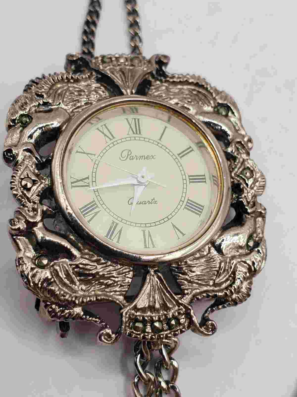 Parmex Ladies Quartz Watch Pendant/Brooch 20mm Round Silver Tone 26in Chain