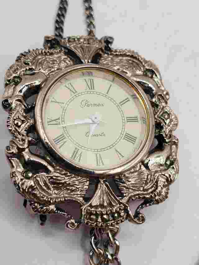 Parmex Ladies Quartz Watch Pendant/Brooch 20mm Round Silver Tone 26in Chain