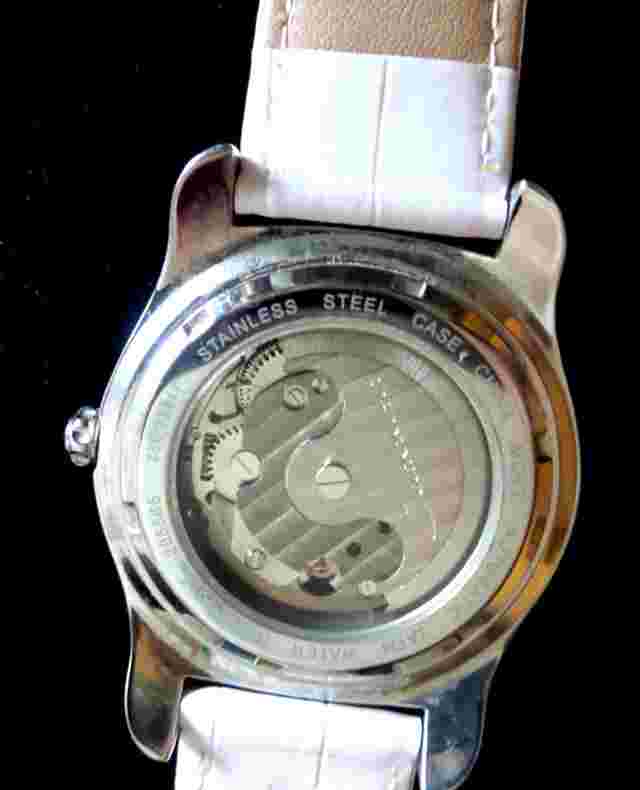 NEW JEANNERET AUTOMATIC WOMENS GOLD TONE STEEL WATCH OPEN HEART WHITE MOP