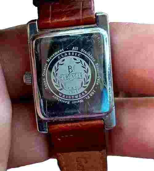 Women Berenger Watch Steel Silver Rectangular Case Blue Face Brown Leather Band