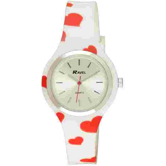 Ravel Ladies Girls Red & White Heart  Soft Silicone Strap Watch R1806.10