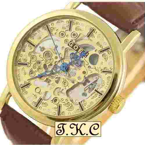 Gold Pl Heirloom Mechanical Windup Steampunk Skeleton Brown Leather Unisex Watch