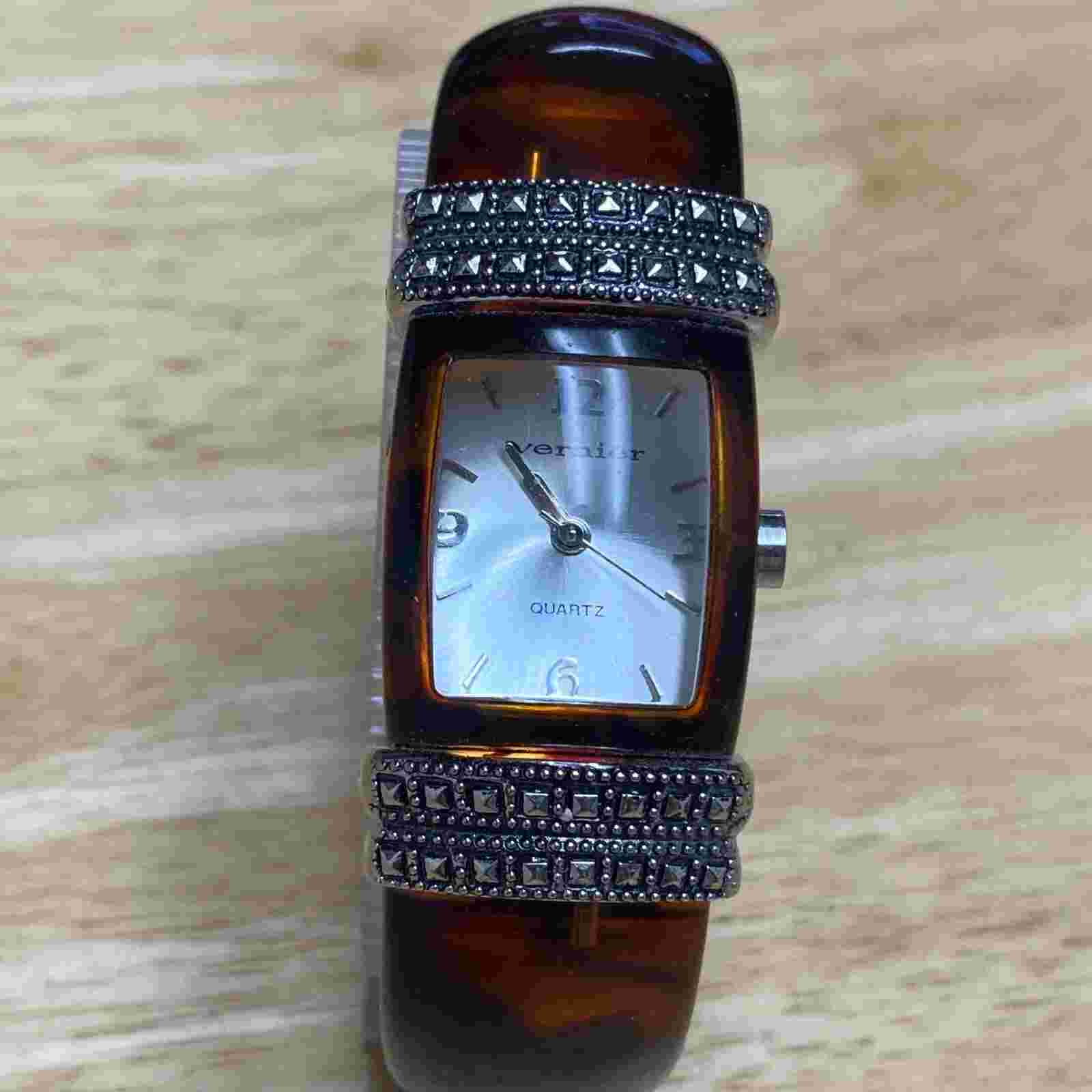 VTG Vernier Lady Faux Tiger Eye Beefy Cuff Bangle Analog Quartz Watch~New Batter