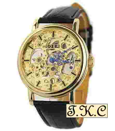 Gold pl Heirloom Mechanical Windup Skeleton Steampunk Black Leather Unisex Watch