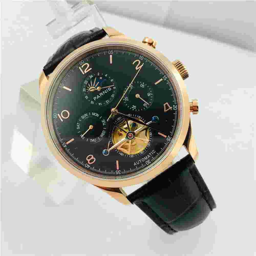 43mm parnis Moon Phase Steel black Dial Rose Gold Case Automatic Men's Watch 001