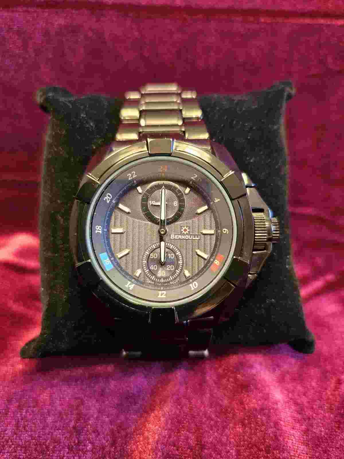 BERNOULLI  Multifunction Black Watch  w/ 60 second & 24 hour Charcoal sub dials