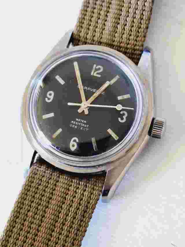 Caravelle by Bulova Sea Hunter 666ft Devil Explorer leather 1970 Military Style