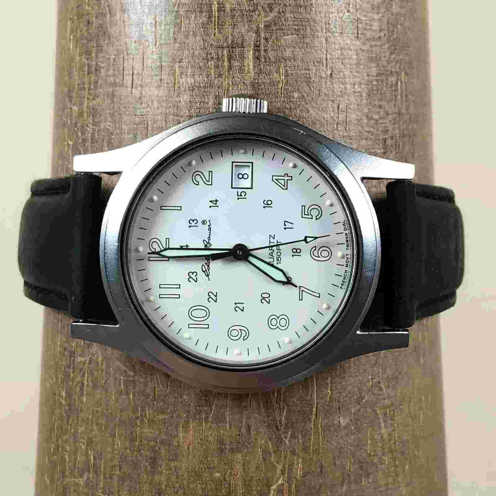 Eddie Bauer Men 85323-222 Date Black Leather Field Military 33mm Watch 7 1/4"