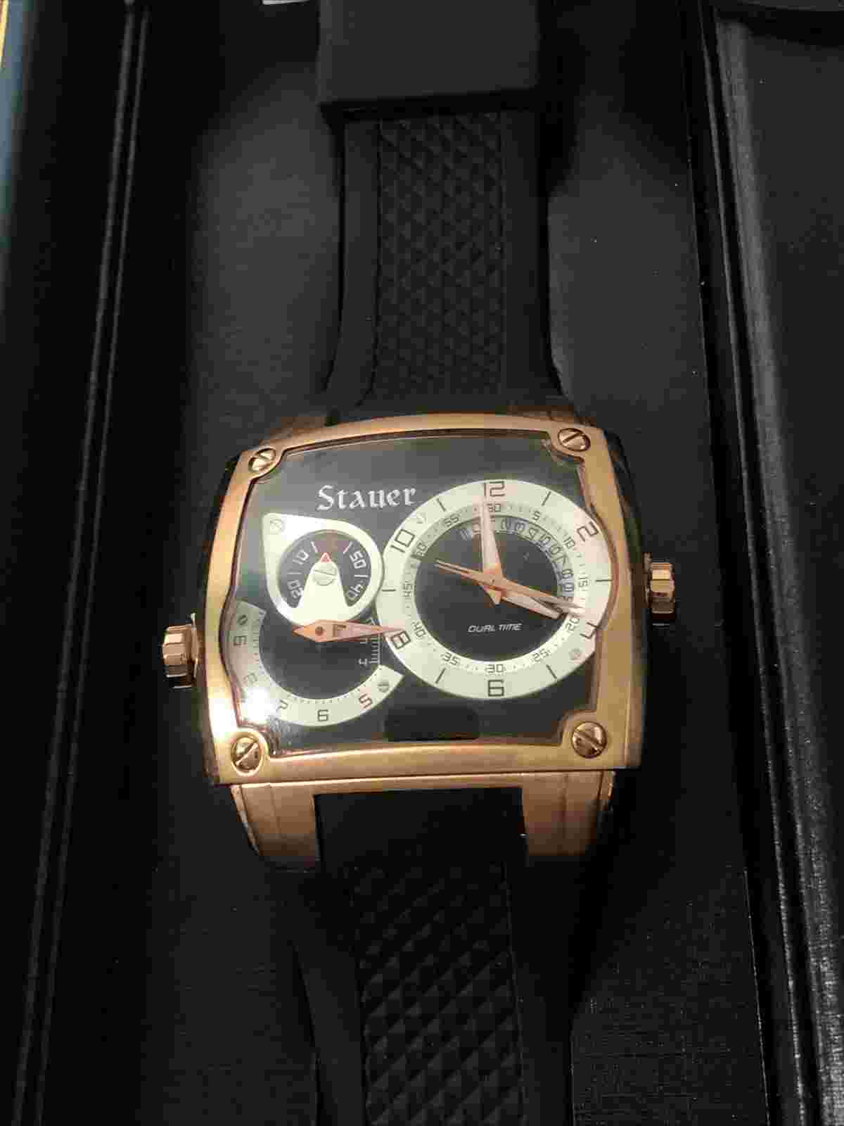 Stauer Volante Noire Dual Time Rose Gold Chronograph Mens Watch- IN BOX