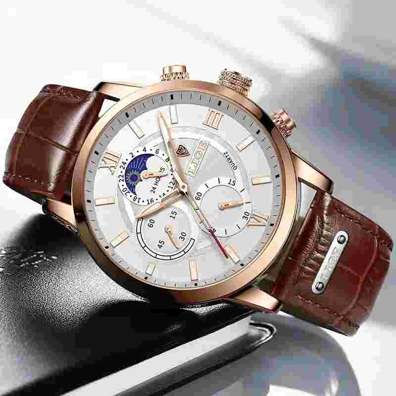 Reloj de Hombre con Caja de Acero Inoxidable Pulsera en Piel Suizo de Cuarzo