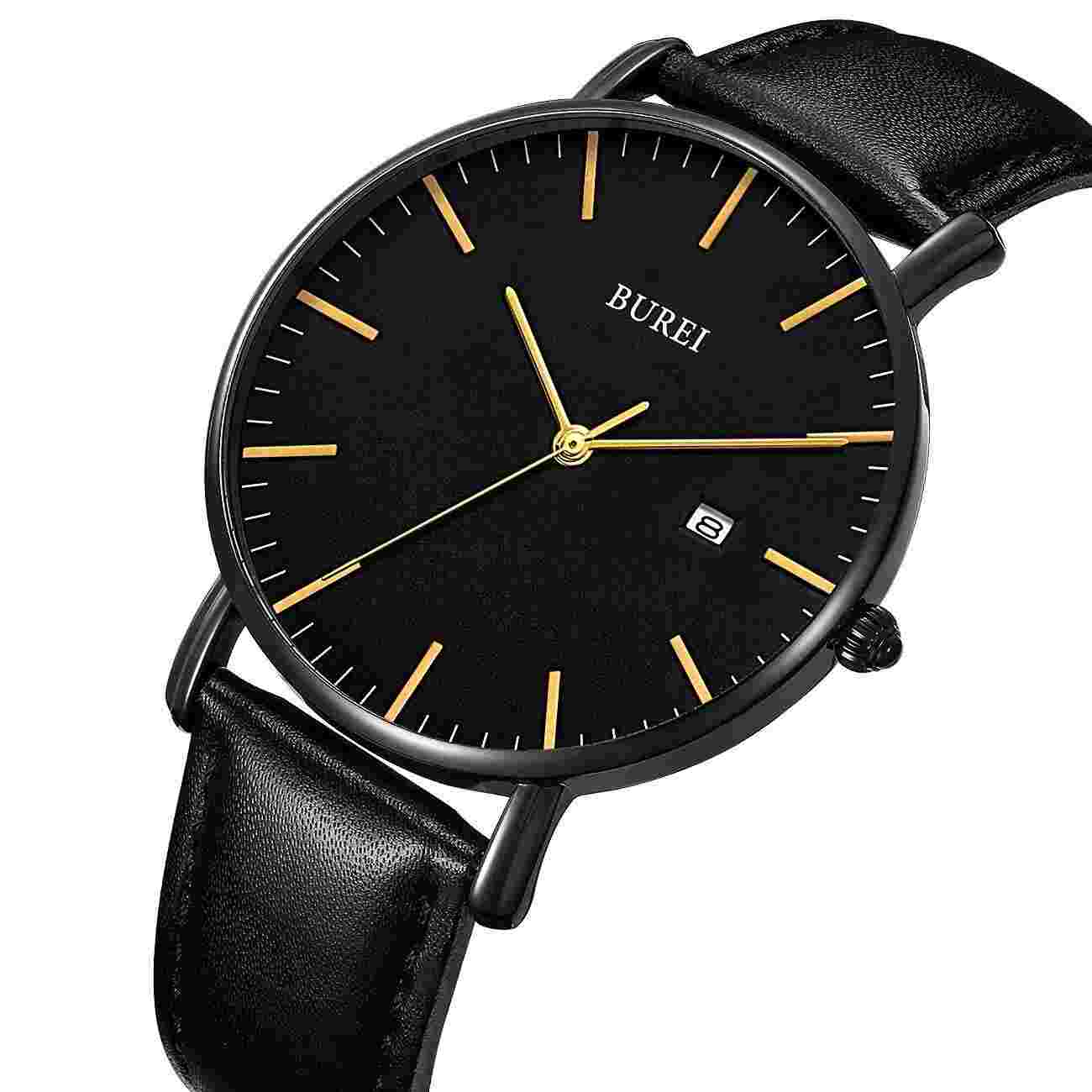 BUREI Men Wrist Watches Fashion Minimalist Analog Leather Quartz Waterproof W...