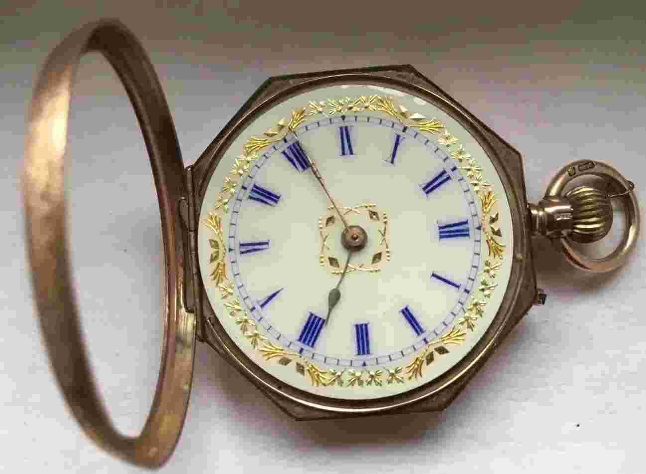 Swiss Lever escapement crown 28mm, 14K gold Open face enameled pocket watch