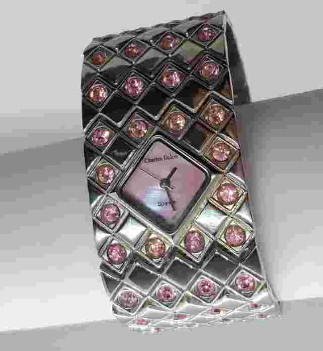Charles Delon Watch Sparkle Women's Silver tone metal bracelet pink rhinestones
