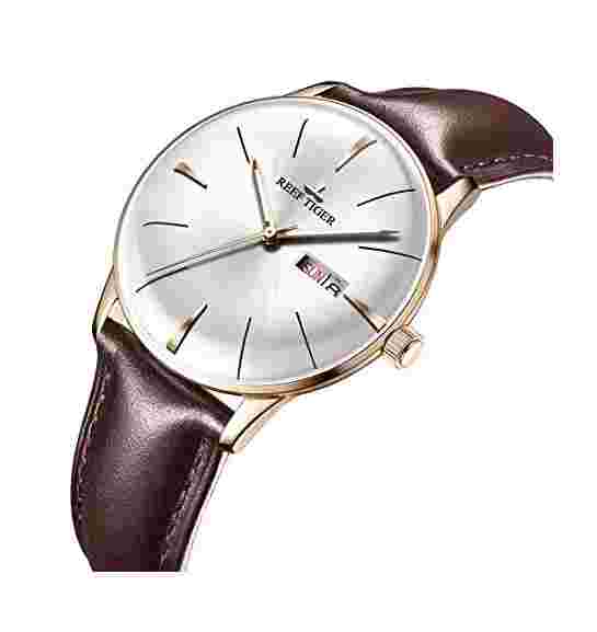 Reef Tiger Luxury Dress Watch With Date Day Rose Gold Convex Lens Automatic F/S