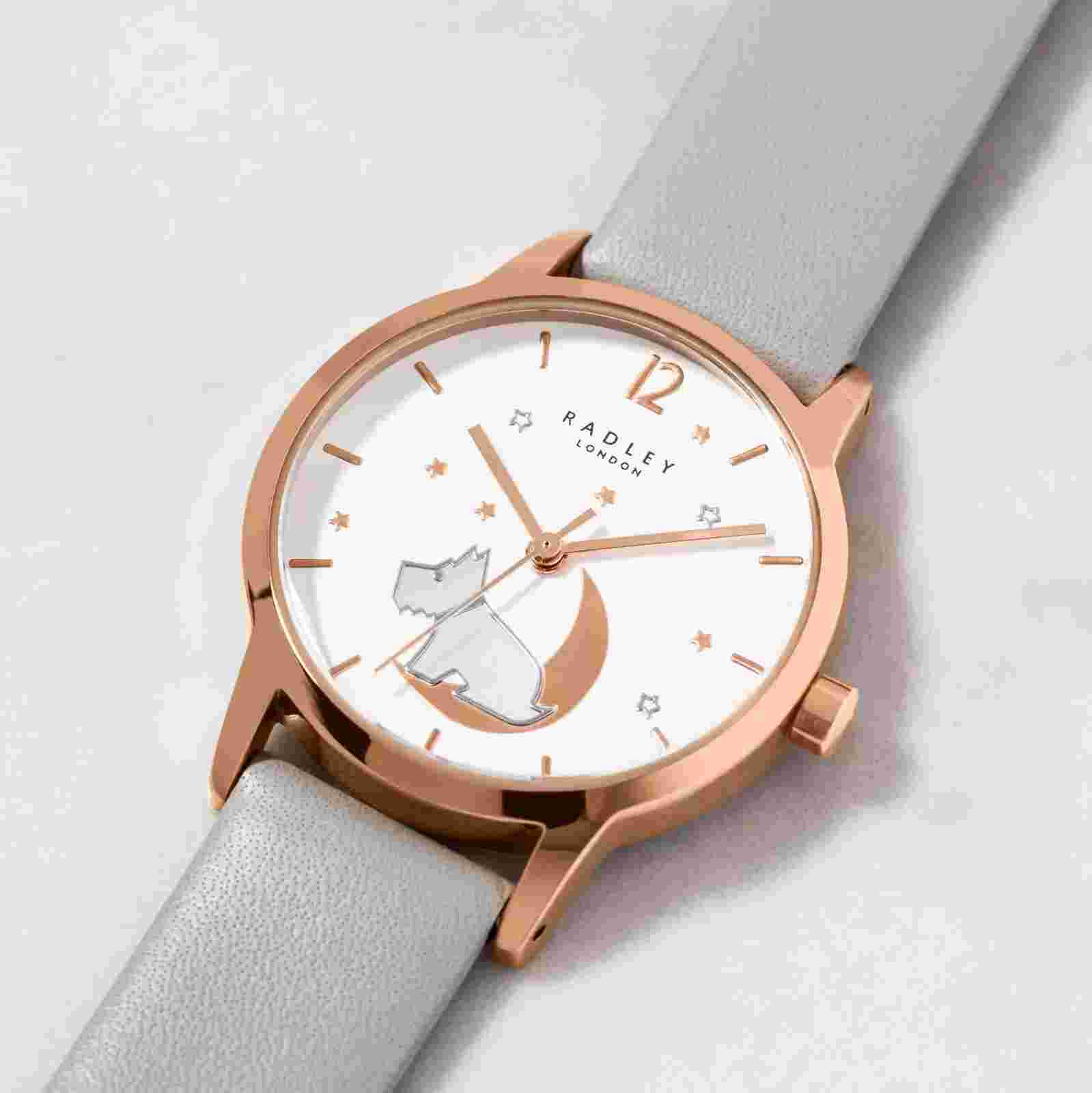 LADIES RADLEY WATCH GOLD TONE CASE, WHITE DIAL, RADLEY LOGO GREY LEATHER STRAP