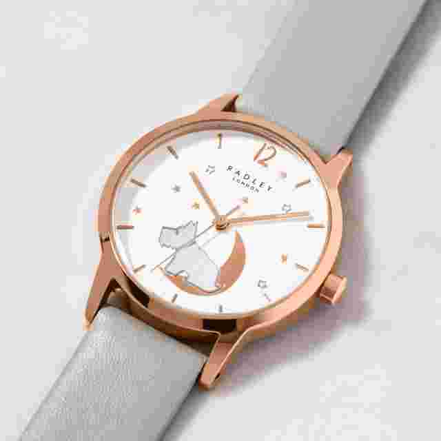 LADIES RADLEY WATCH GOLD TONE CASE, WHITE DIAL, RADLEY LOGO GREY LEATHER STRAP