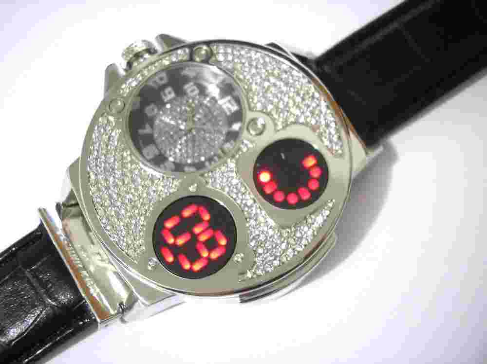 Silver Tone Case Leather Band Techno King Men's Watch Crystals w. Touch Screen