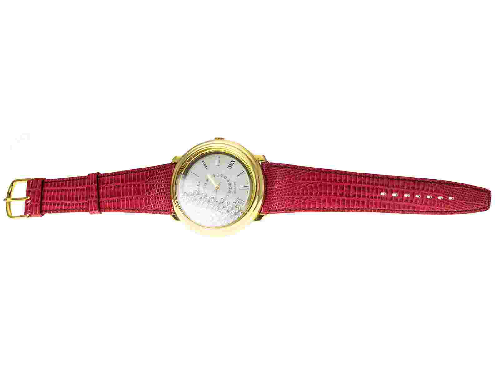 VISAGE:WOMENS' GENUINE RED LEATHER BAND MADE FRANCE, ROUND FLOATING STONE WATCH