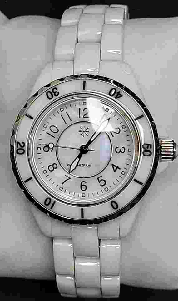 ISAAC MIZRAHI Live White MOP Dial Ceramic Japan Quartz Watch & Band Excellent Co