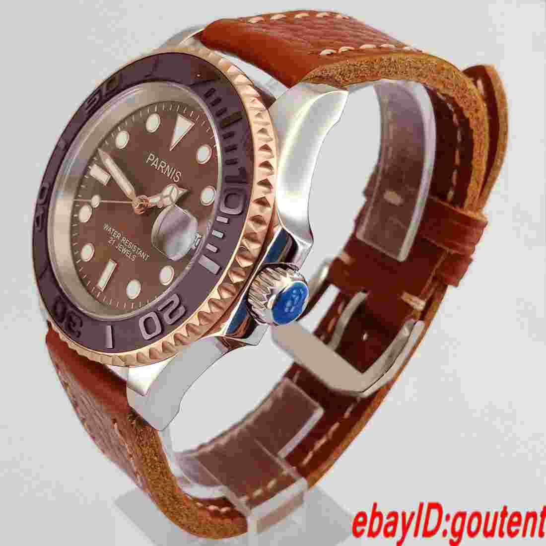 41mm Parnis coffee dial Leather Strap Sapphire Glass GMT Automatic Mens Watches