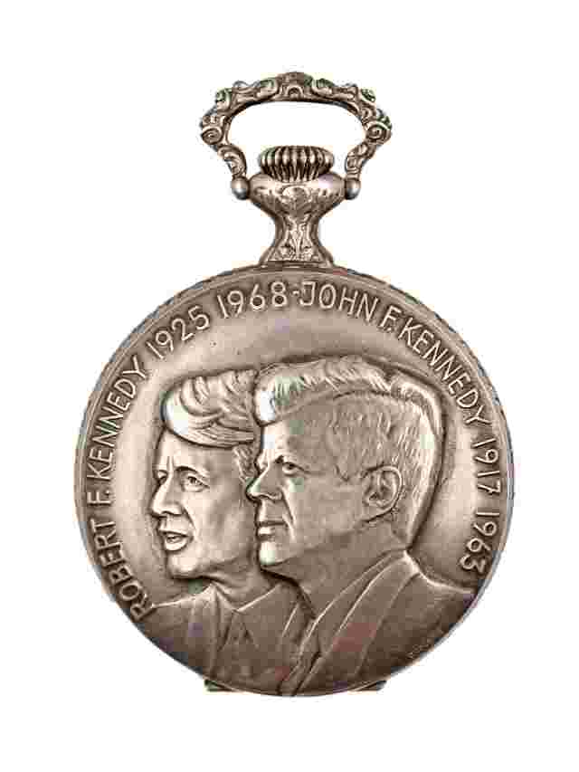 Arnex JFK & RFK Memorial Open Face Pocket Watch c. 1970s 50mm White 20157