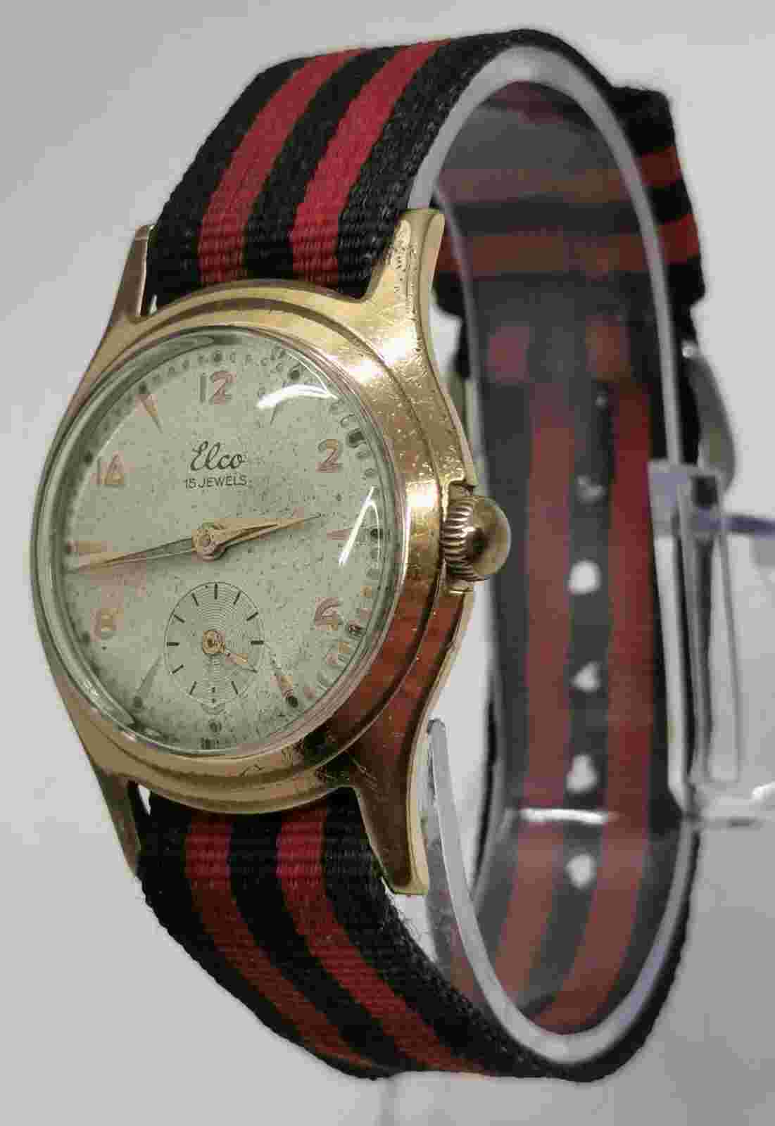 Vintage 1950s Elco 15J German Rose Gold Plated Mechanical Wind 32mm Gents Watch