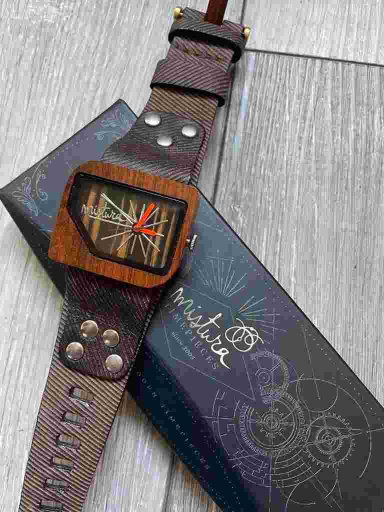 Mistura Pellicano Handmade Watch Teak Wood Pui/Ebony Dial Black Leather Strap
