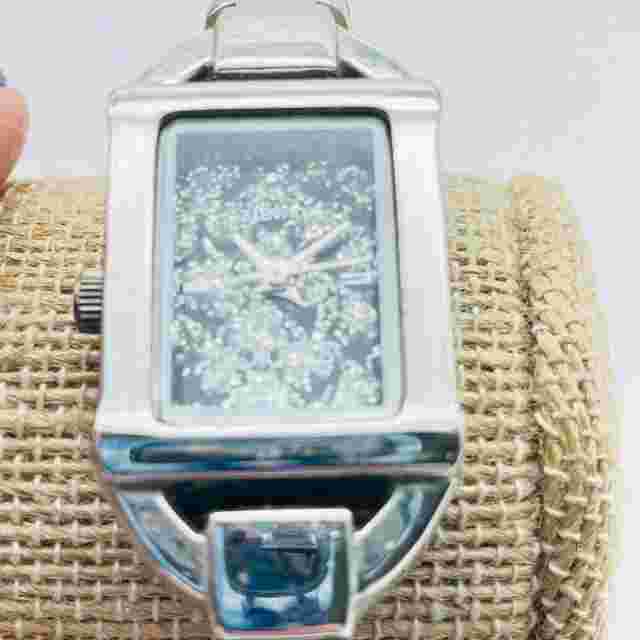 STUDIO Quartz Ladies Watch Enameled Cuff Silver Tone Black Glitter Face READ
