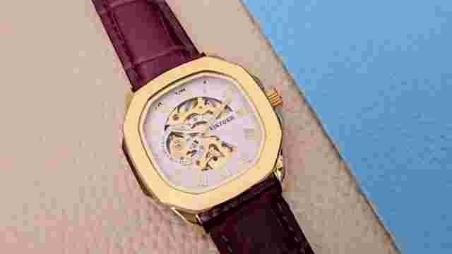 40mm Automatic Retro Skeleton Mechanical Watch Gold White Dial Purple Leather