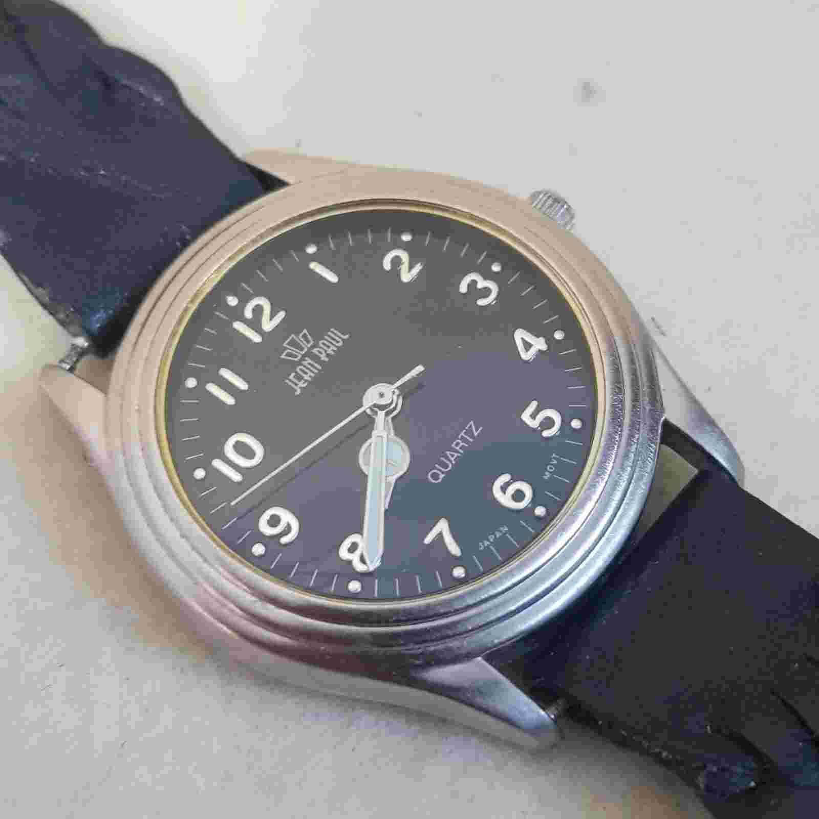 Jean Paul Analog Quartz Watch Black Dial Black Leather Band...NEW BATTERY