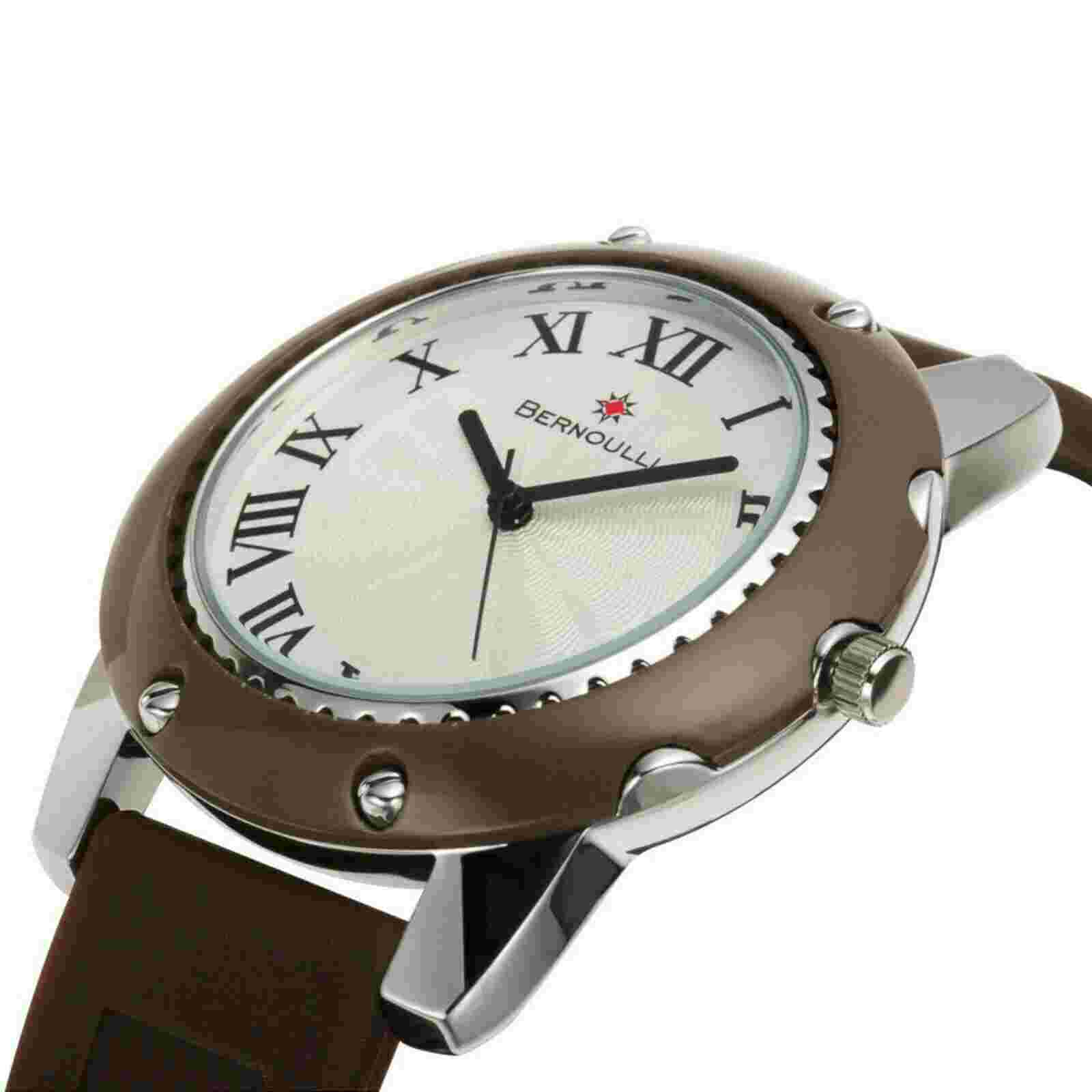 NEW Bernoulli 9725 Men's Electra Roman Numeral Guilloche Dial Brown Rubber Watch