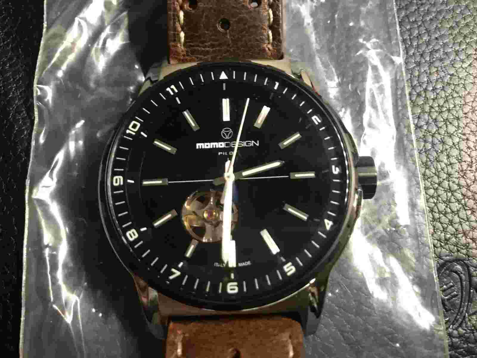 MomoDesign Pilot Heritage Automatic Skeleton Back Leather Band Men's Watch, NIB