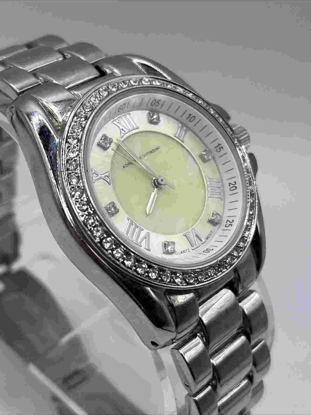 Adrienne Vittadini Women's Quartz Watch Silver Band Pearlized Dial- New Battery
