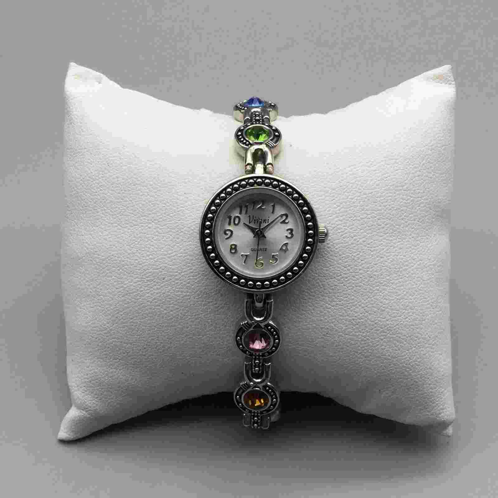 Vivani Watch Women 22mm Silver Tone Bling Rainbow Crystals Band New Battery 7"