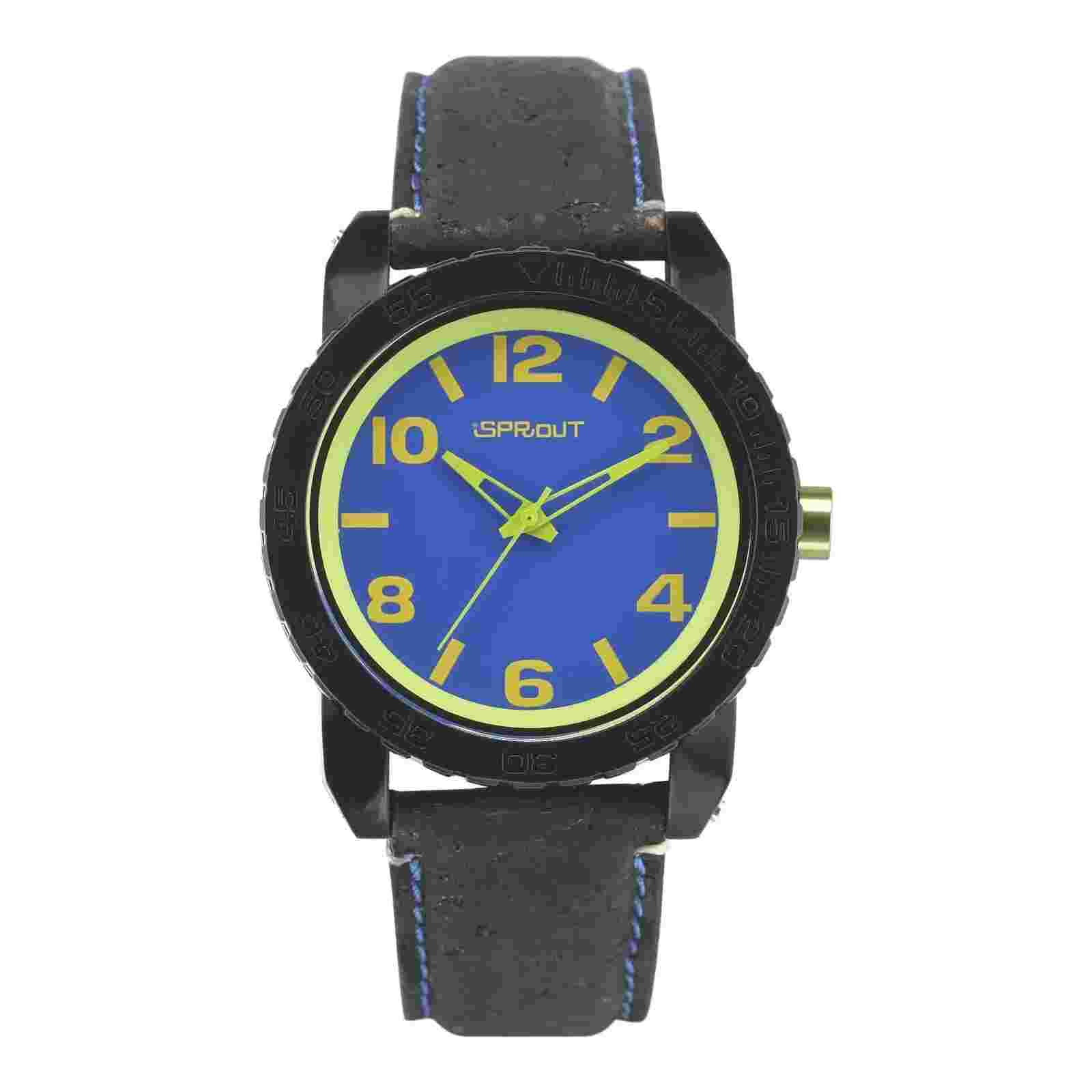 NEW-SPROUT BLACK NATURAL CORK STRAP WITH BLUE AND GREEN DIAL WATCH ST/7011BLBK