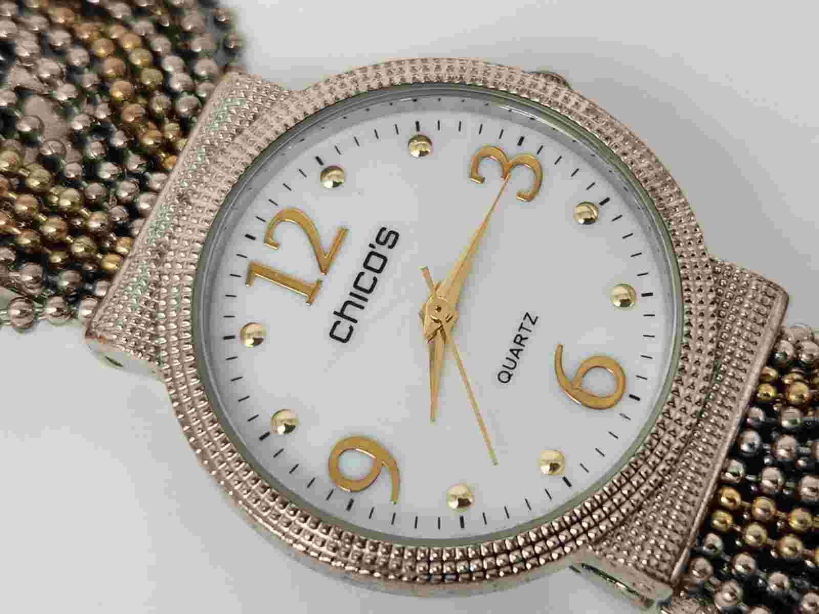 Chico's Watch Women 32mm Silver Gold Tone Multi Chain Band New Battery