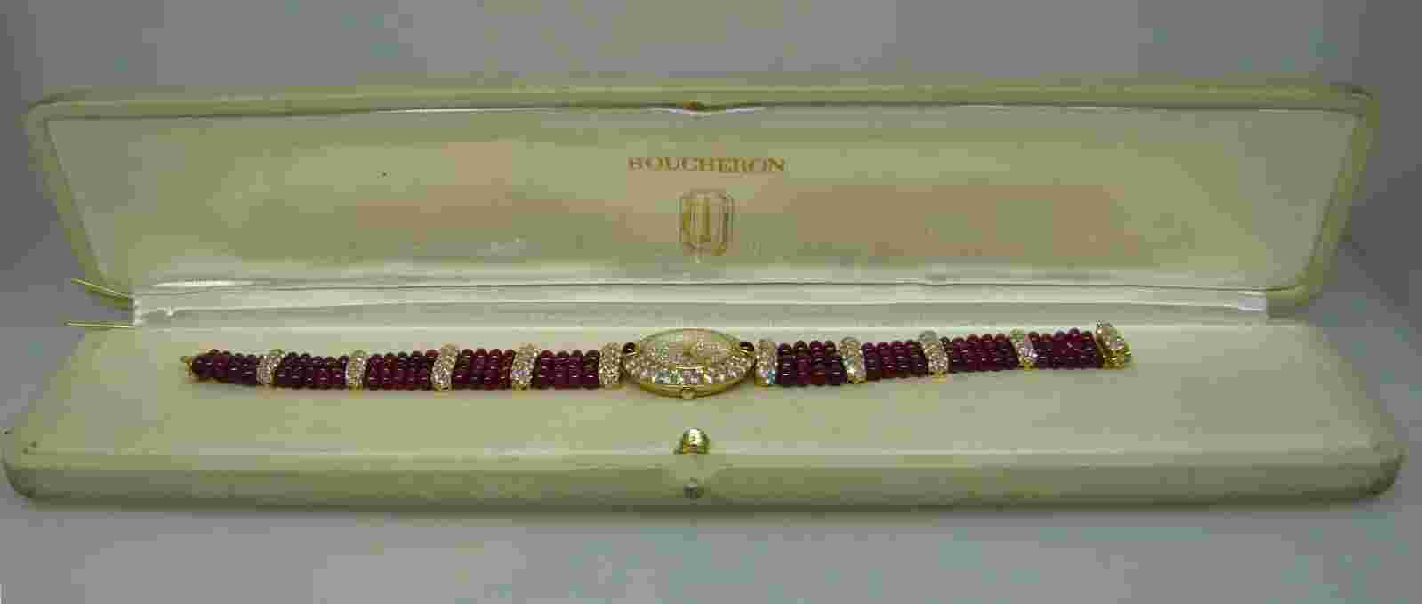 Vintage BOUCHERON 18k Yellow Gold Lady's WATCH Diamond Ruby Quartz