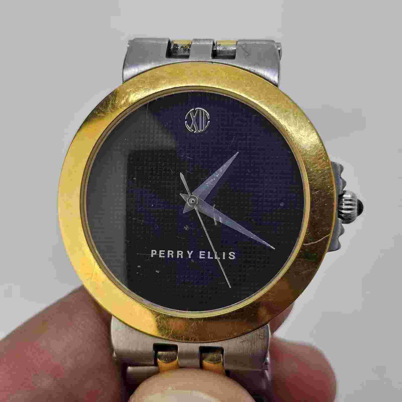 Perry Ellis Men’s Watch 36MM Black Dial Two Tone Bracelet 8" Wrist New Battery