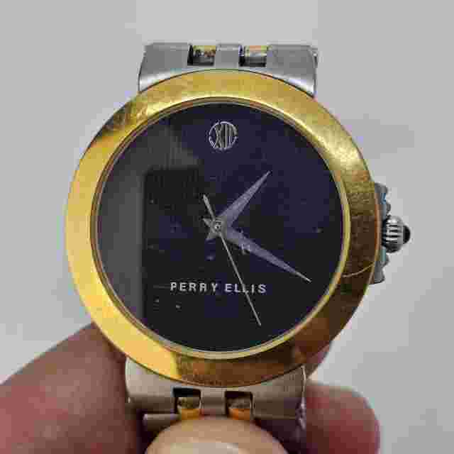 Perry Ellis Men’s Watch 36MM Black Dial Two Tone Bracelet 8" Wrist New Battery