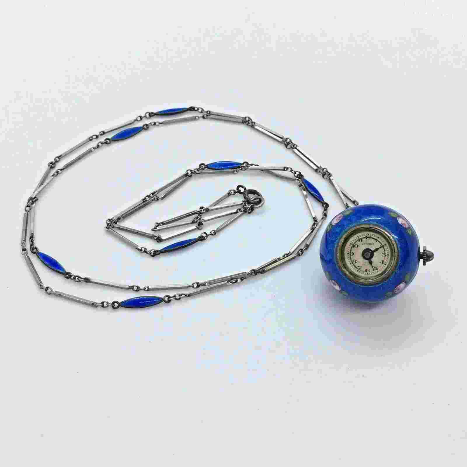 Vintage Antique Lucerne Swiss Blue Enamel  Working Silver Pendent Watch