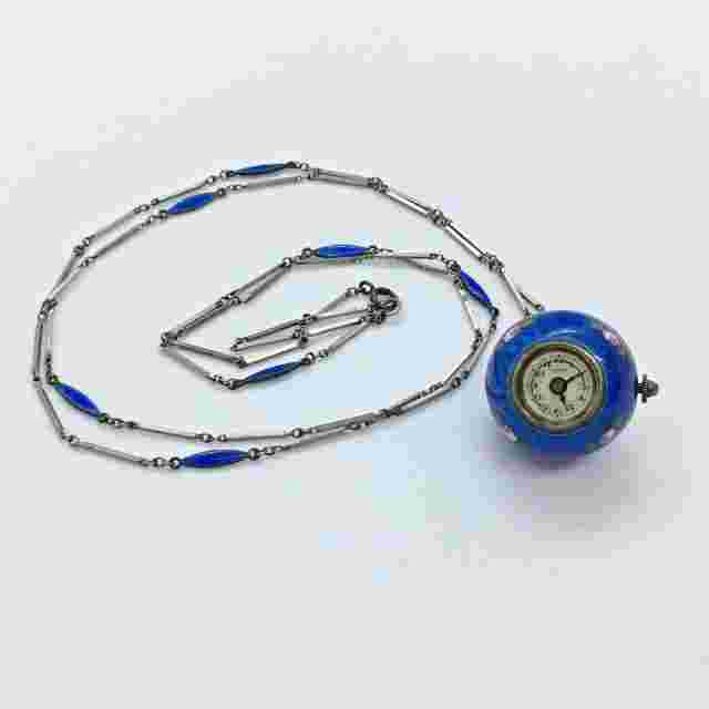 Vintage Antique Lucerne Swiss Blue Enamel  Working Silver Pendent Watch
